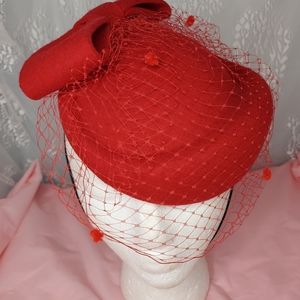 Red FASCINATOR HAT With  Bow and Dotted Mesh